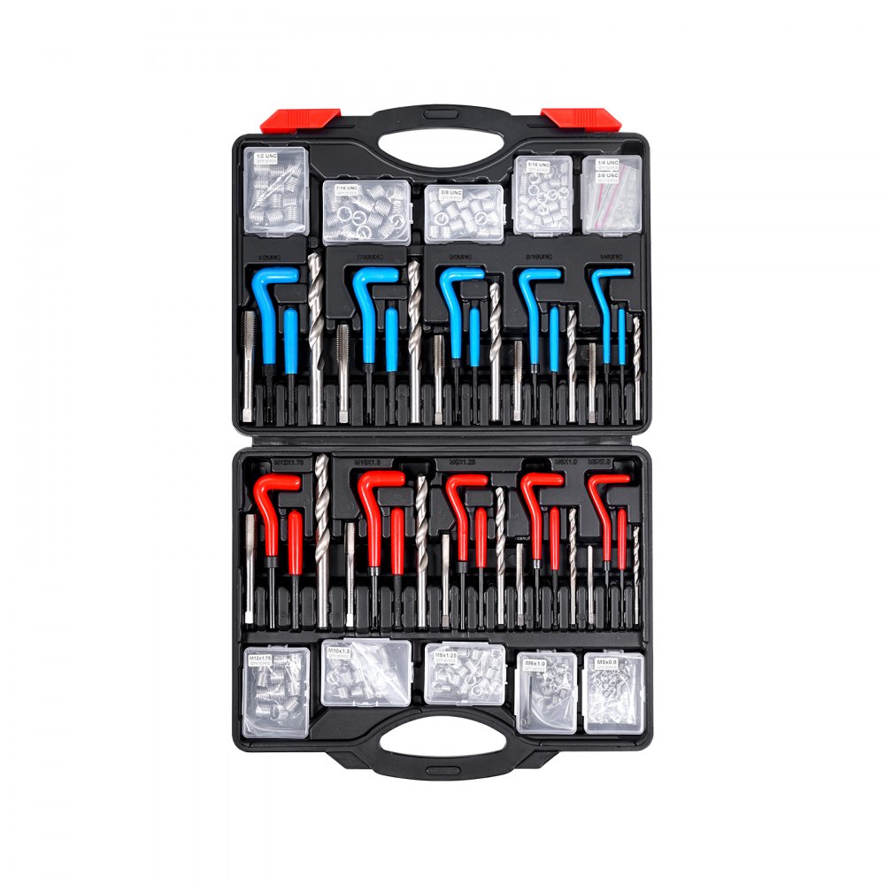 VEVOR Helicoil Thread Repair Kit, 338-Piece SAE and Metric Rethreading Tool Kit, M5, M6, M8, M10, M12, 1/4", 5/16", 3/8", 7/16", 1/2", HSS Drill Bits Thread Inserts Taps Breakoff Installation Tools
