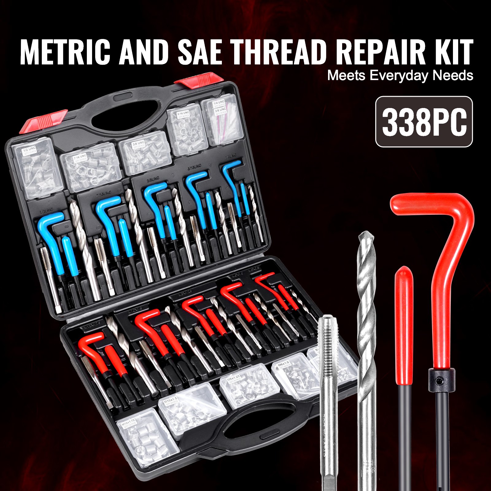VEVOR Helicoil Thread Repair Kit, 338-Piece SAE and Metric Rethreading Tool Kit, M5, M6, M8, M10, M12, 1/4", 5/16", 3/8", 7/16", 1/2", HSS Drill Bits Thread Inserts Taps Breakoff Installation Tools