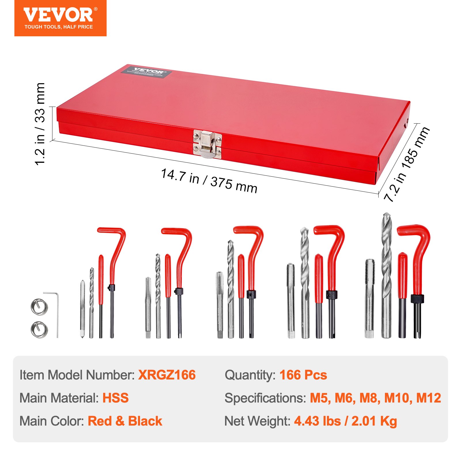 VEVOR Helicoil Thread Repair Kit, 166-Piece Metric HSS Drill Helicoil Repair Kit, M5 M6 M8 M10 M12 Heli Coil Rethreading Tool Kit with HSS Drill Bits Thread Inserts Taps Breakoff Installation Tools