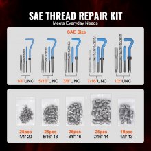 VEVOR 131 PCS Helicoil Thread Repair Kit SAE Tool 1/4 5/16 3/8 7/16 1/2 in UNC