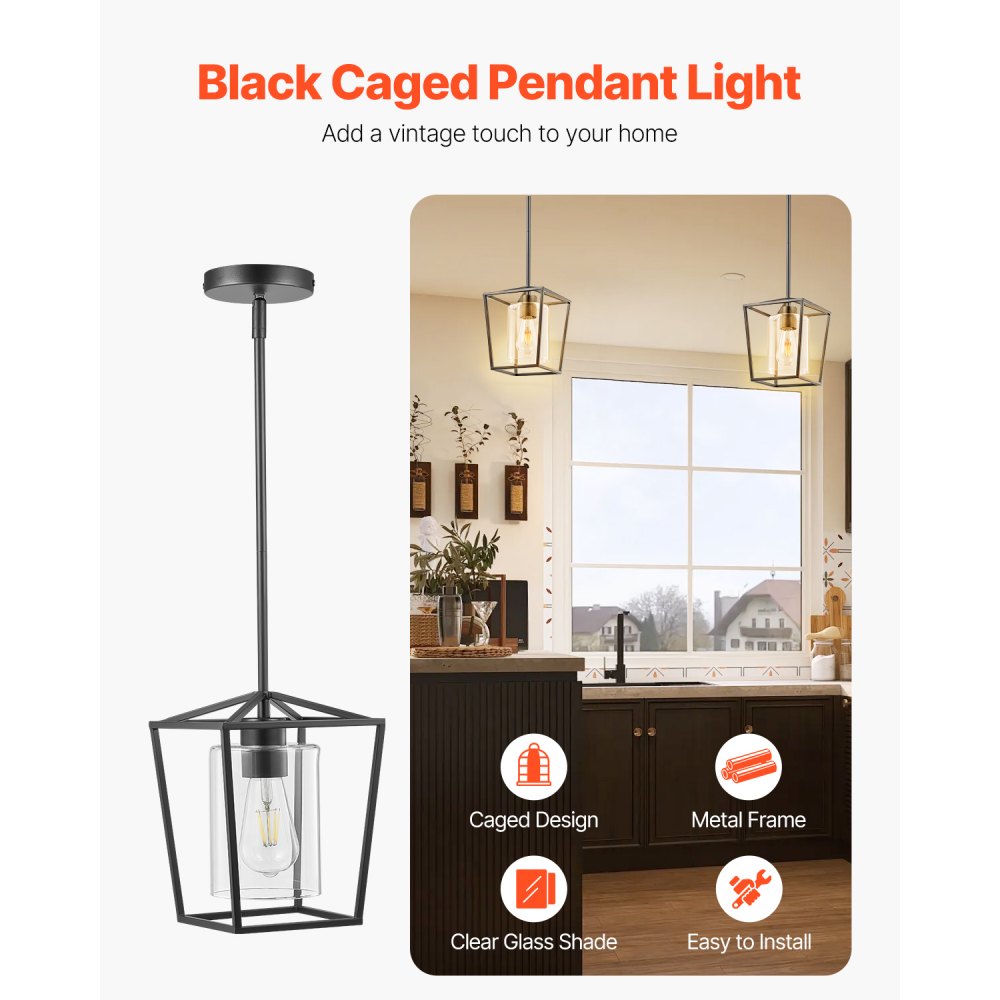VEVOR 1-Light Black Pendant Light, 1 Pack, Farmhouse Iron Cage Metal Pendant Lighting with Clear Glass Shade, Adjustable Height Hanging Ceiling Lighting for Bedroom, Hallway, Entryway, Kitchen