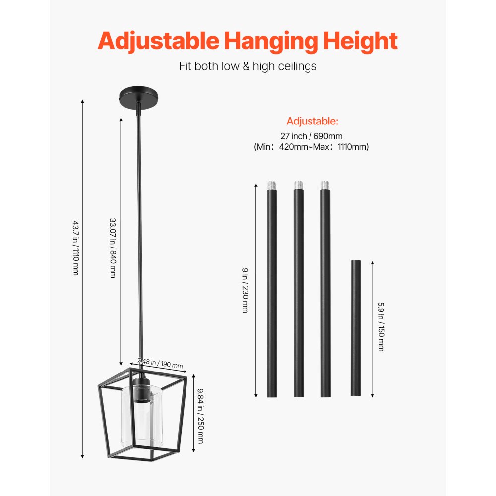 VEVOR 1-Light Black Pendant Light, 1 Pack, Farmhouse Iron Cage Metal Pendant Lighting with Clear Glass Shade, Adjustable Height Hanging Ceiling Lighting for Bedroom, Hallway, Entryway, Kitchen