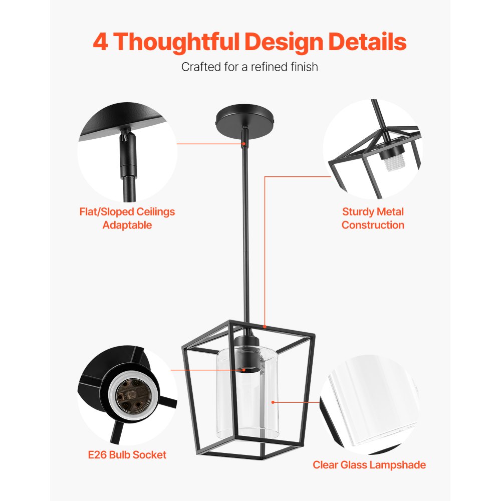 VEVOR 1-Light Black Pendant Light, 1 Pack, Farmhouse Iron Cage Metal Pendant Lighting with Clear Glass Shade, Adjustable Height Hanging Ceiling Lighting for Bedroom, Hallway, Entryway, Kitchen