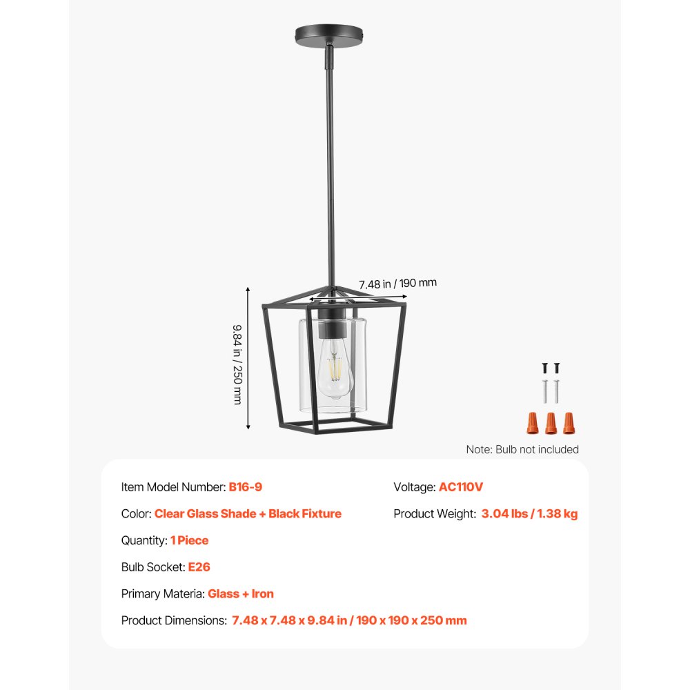 VEVOR 1-Light Black Pendant Light, 1 Pack, Farmhouse Iron Cage Metal Pendant Lighting with Clear Glass Shade, Adjustable Height Hanging Ceiling Lighting for Bedroom, Hallway, Entryway, Kitchen
