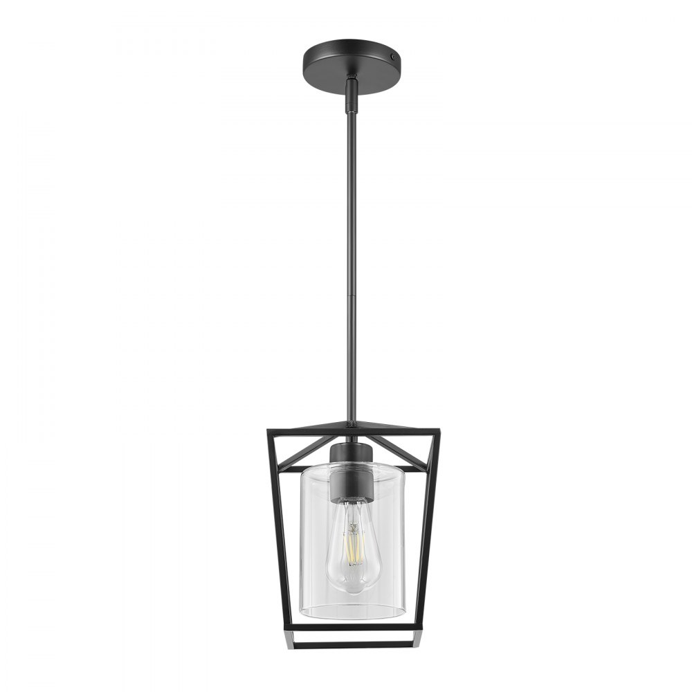VEVOR 1-Light Black Pendant Light, 1 Pack, Farmhouse Iron Cage Metal Pendant Lighting with Clear Glass Shade, Adjustable Height Hanging Ceiling Lighting for Bedroom, Hallway, Entryway, Kitchen