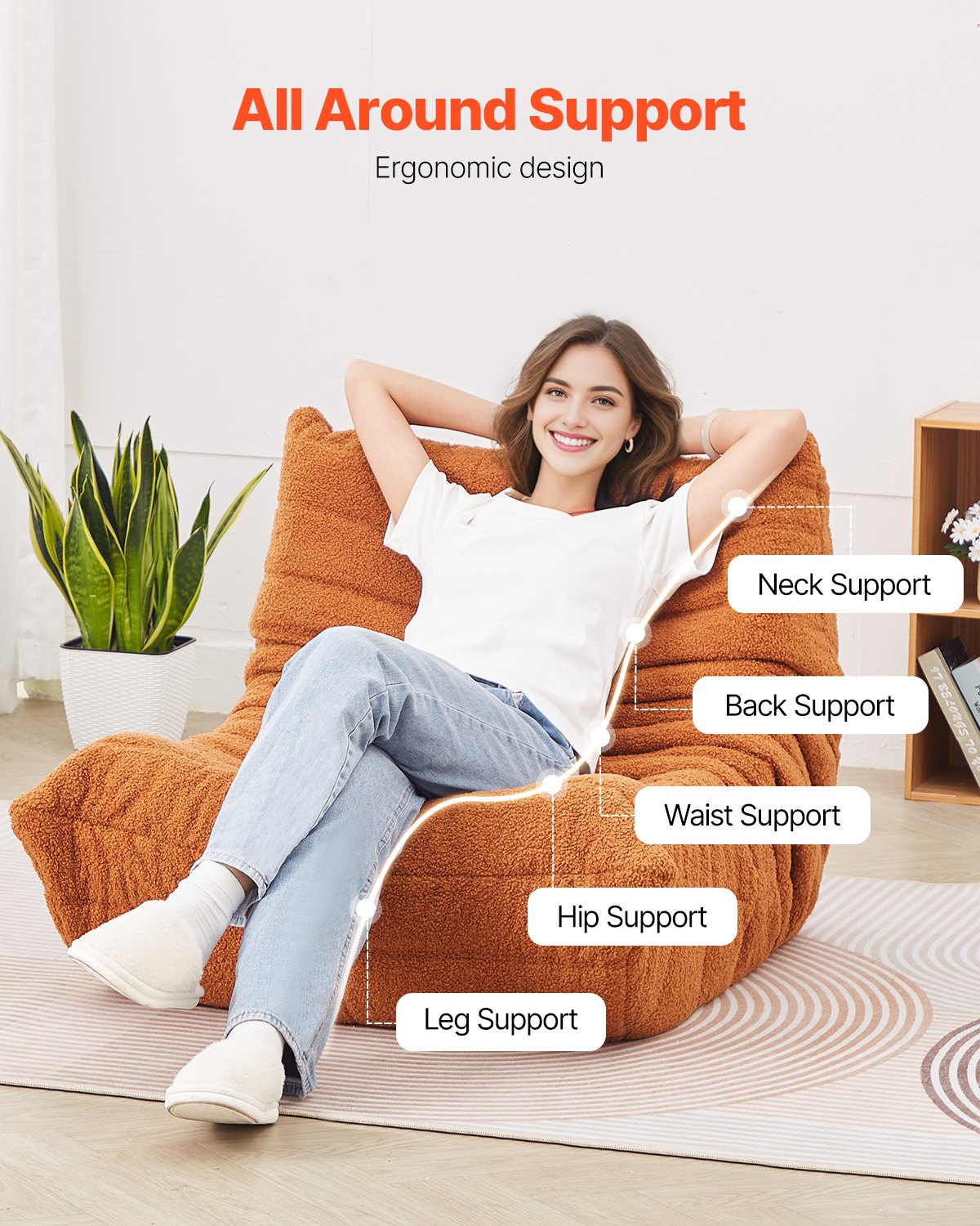 VEVOR Bean Bag Chair, L-Shaped Bean Bag Chair with Soft Armrests and Storage Pocket, 25D Memory Foam Filled with Soft Teddy Velvet Cover, Bean Bag for Bedroom or Playroom, Brown