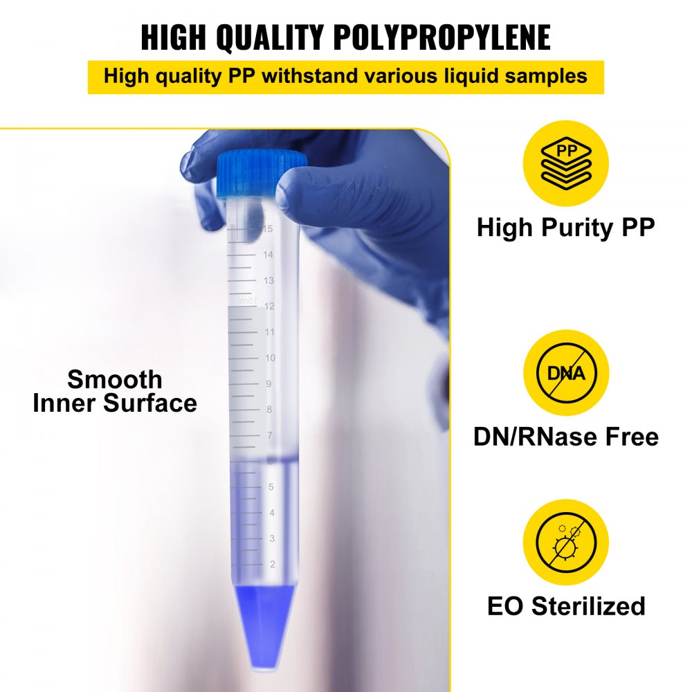 VEVOR centrifuge tubes, high purity pp, dn/rnase free, eo sterilized, smooth inner surface.