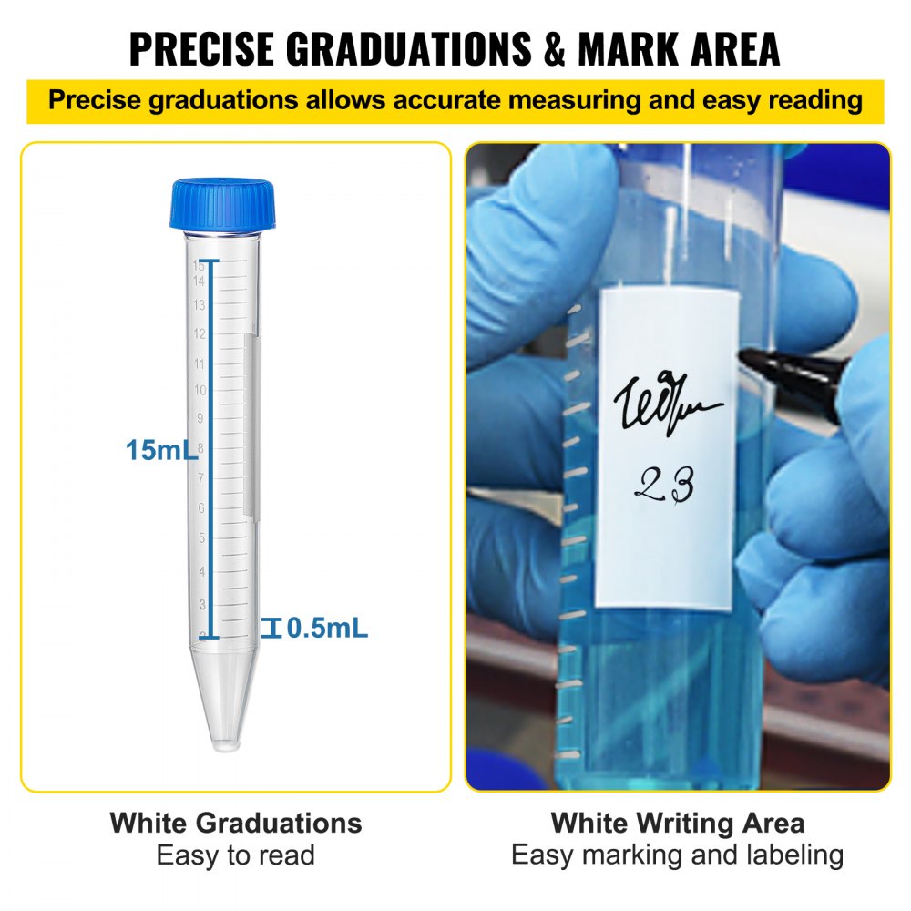 VEVOR Conical Centrifuge Tubes, 15mL, 500Pcs PP Graduated Container w/ Leak-proof Screw Cap, Write Mark & Test Tube Rack, DN/RNase Free, for Lab Sample Storage & Separate, Blue & Orange
