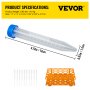 VEVOR centrifuge tubes, 12cm long, 1.7cm diameter, clear with blue cap, shown with orange rack and pipettes.