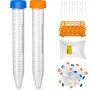 VEVOR centrifuge tubes with blue and orange caps, pipettes, rack, and resealable bag.