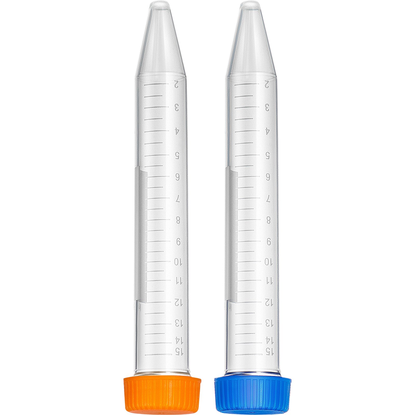 VEVOR centrifuge tubes with orange and blue caps, marked with measurements from 2 to 15 ml each.