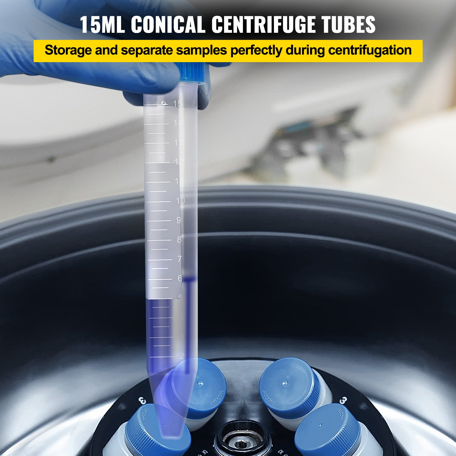 15ml conical centrifuge tube being placed in a centrifuge rotor with blue capped tubes.