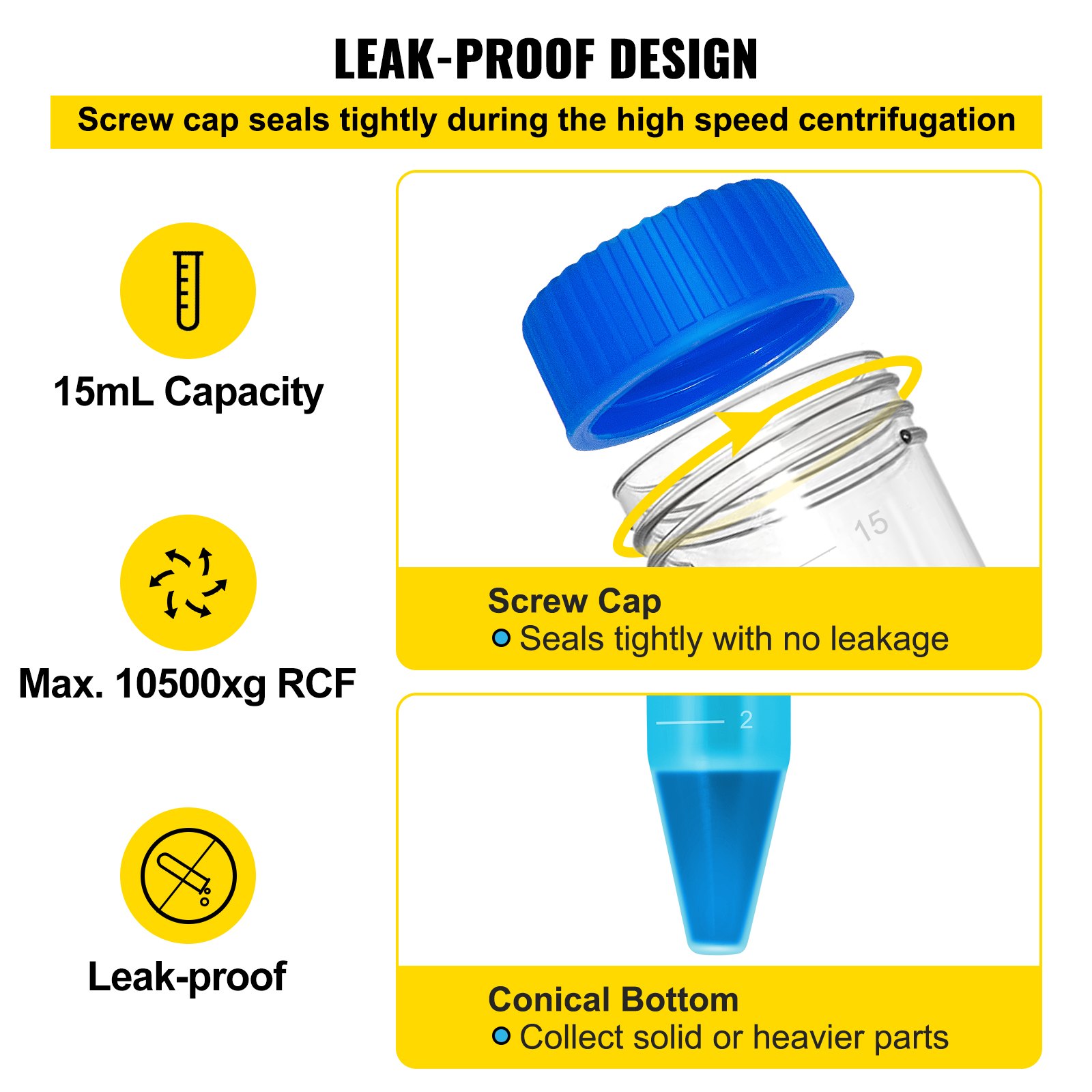 leak-proof design of 15ml VEVOR centrifuge tubes with screw cap and conical bottom, max 10500xg rcf.