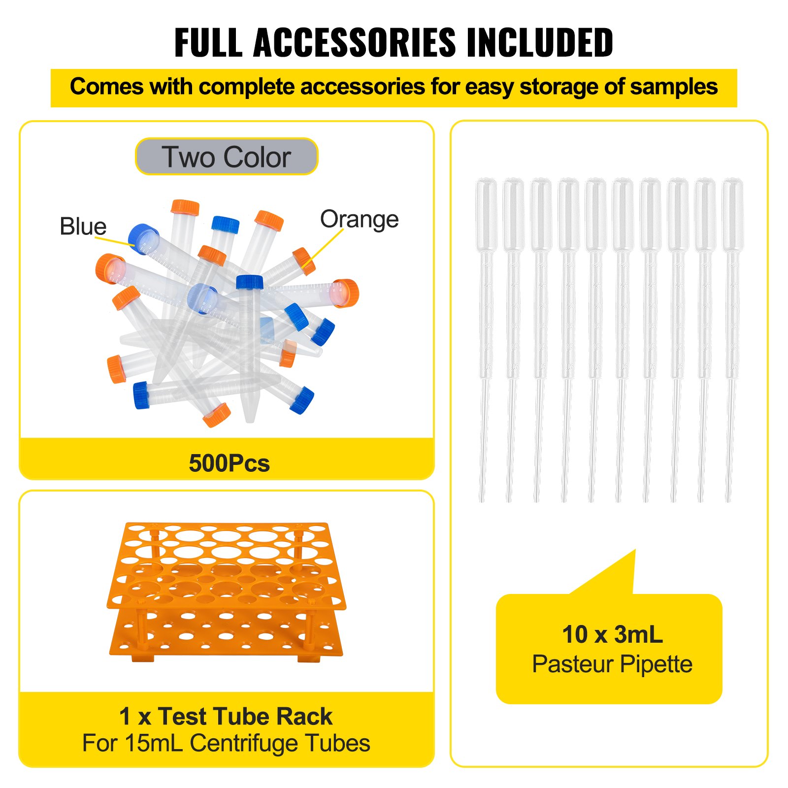 VEVOR centrifuge tubes with blue and orange caps, test tube rack, and pasteur pipettes.