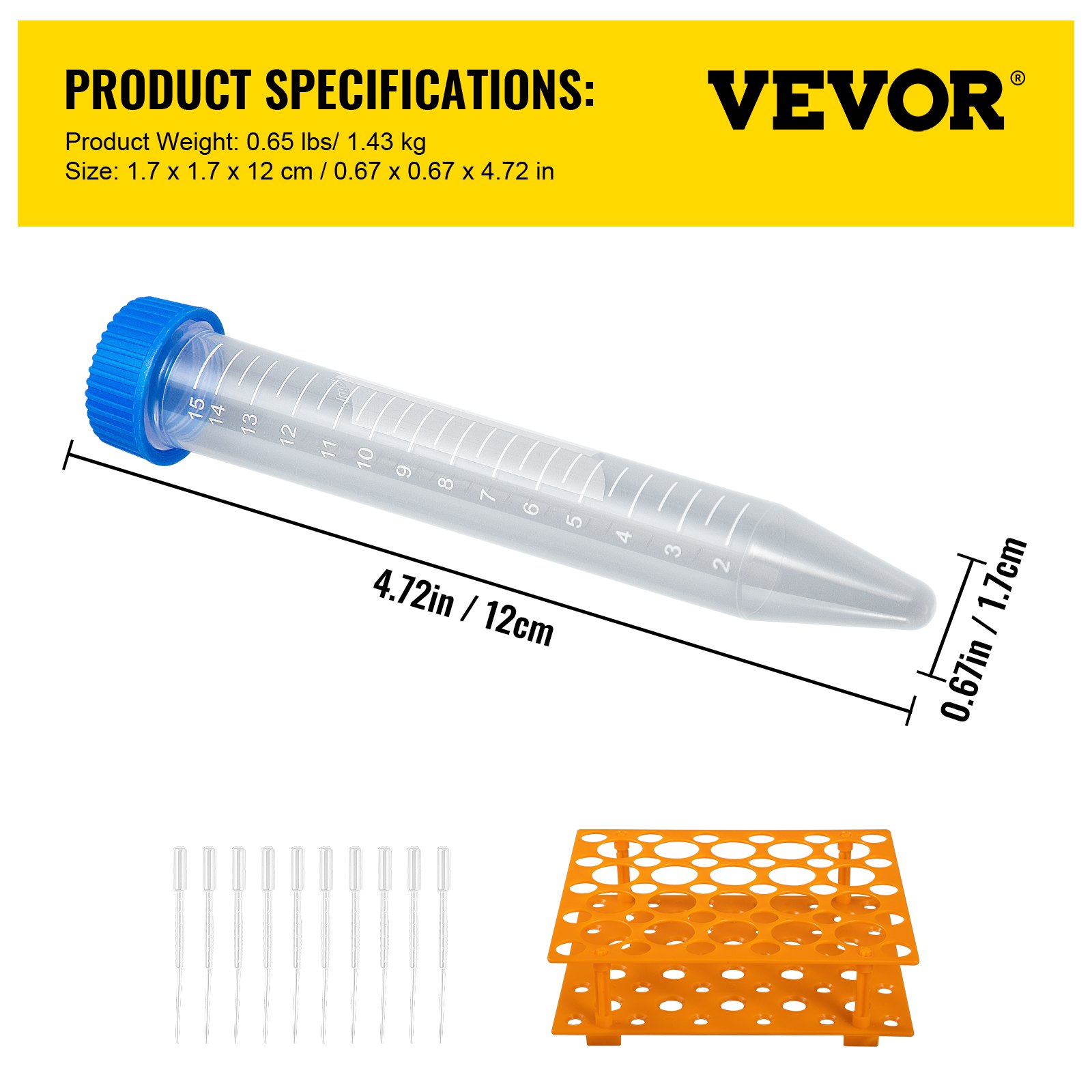 VEVOR centrifuge tubes, 12cm long, 1.7cm diameter, clear with blue cap, shown with orange rack and pipettes.