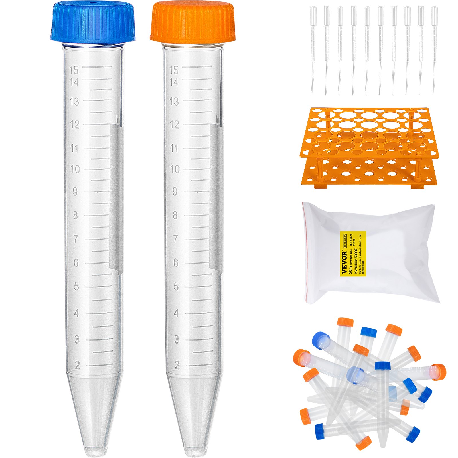 VEVOR centrifuge tubes with blue and orange caps, pipettes, rack, and resealable bag.