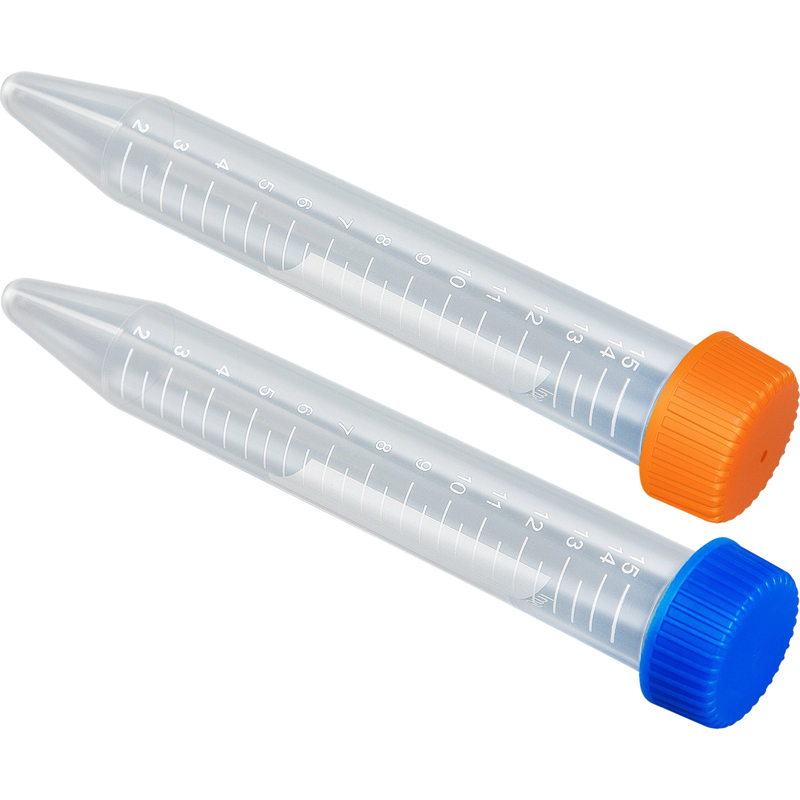 VEVOR centrifuge tubes with orange and blue screw caps, graduated measurements on clear plastic.
