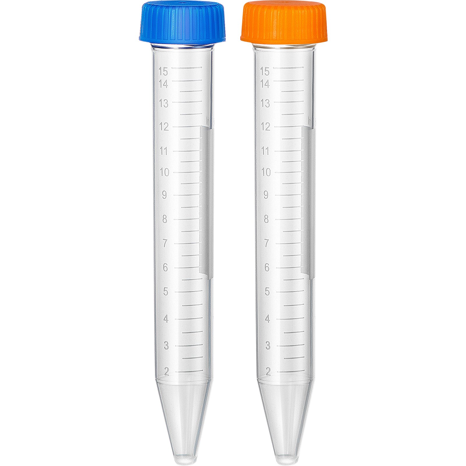 two 15ml VEVOR centrifuge tubes with blue and orange screw caps, graduated measurements.