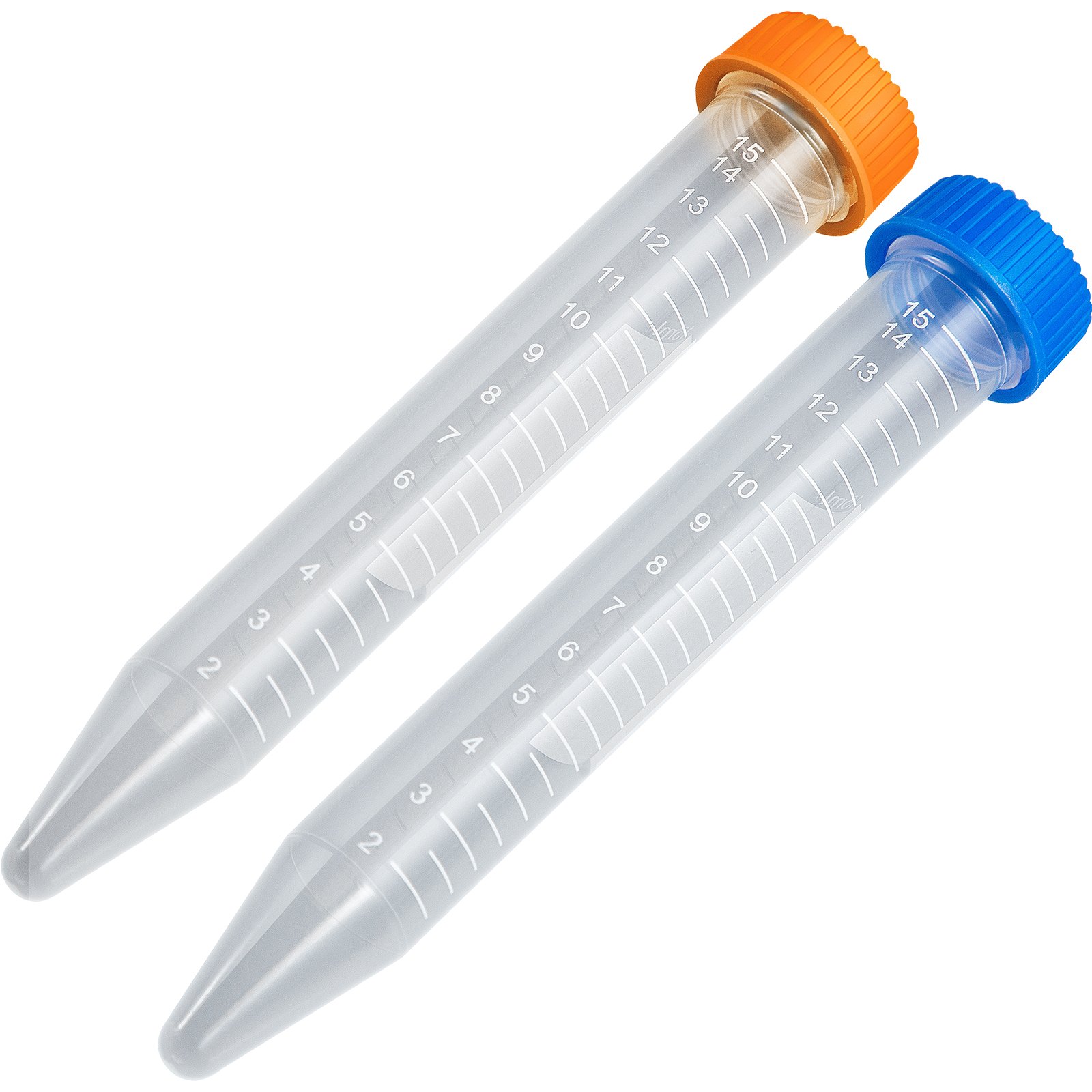clear VEVOR centrifuge tubes with orange and blue screw caps, featuring graduated measurement marks.
