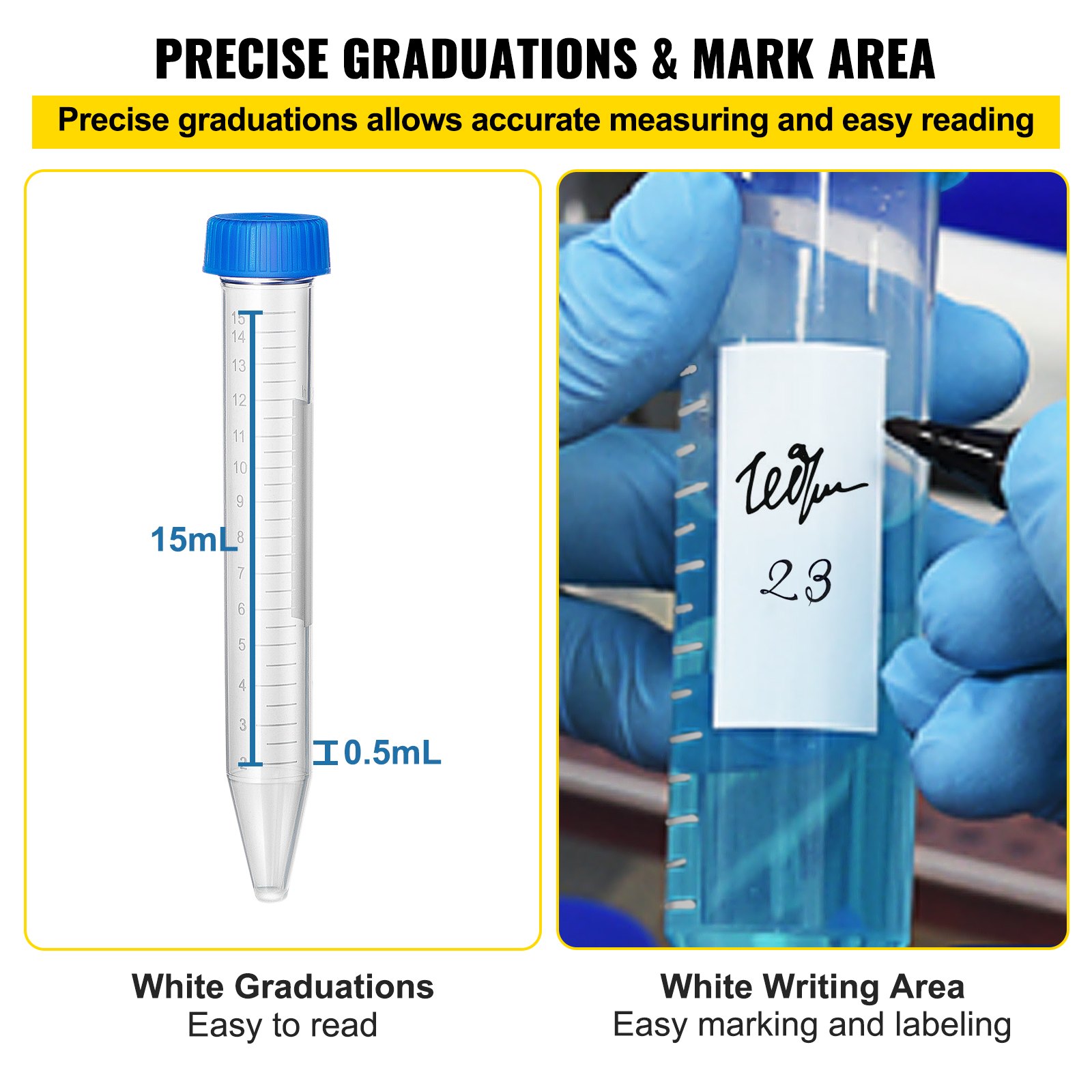 VEVOR Conical Centrifuge Tubes, 15mL, 500Pcs PP Graduated Container w/ Leak-proof Screw Cap, Write Mark & Test Tube Rack, DN/RNase Free, for Lab Sample Storage & Separate, Blue & Orange