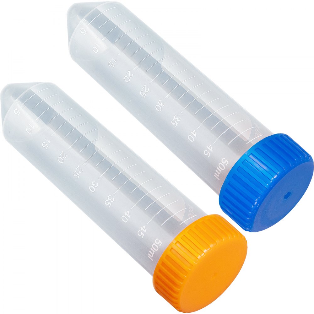 VEVOR Tubos de centrífuga cónicos de 50 ml, 500 tubos cónicos graduados esterilizados, tubos de centrífuga sin DN/RNasa con tapa de rosca para almacenamiento de muestras y separación, marca de escritura y estante incluidos, azul y naranja