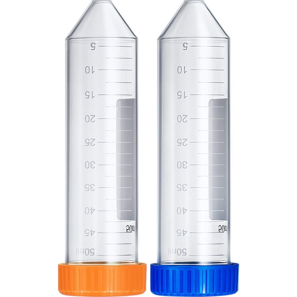 VEVOR Tubos de centrífuga cónicos de 50 ml, 500 tubos cónicos graduados esterilizados, tubos de centrífuga sin DN/RNasa con tapa de rosca para almacenamiento de muestras y separación, marca de escritura y estante incluidos, azul y naranja