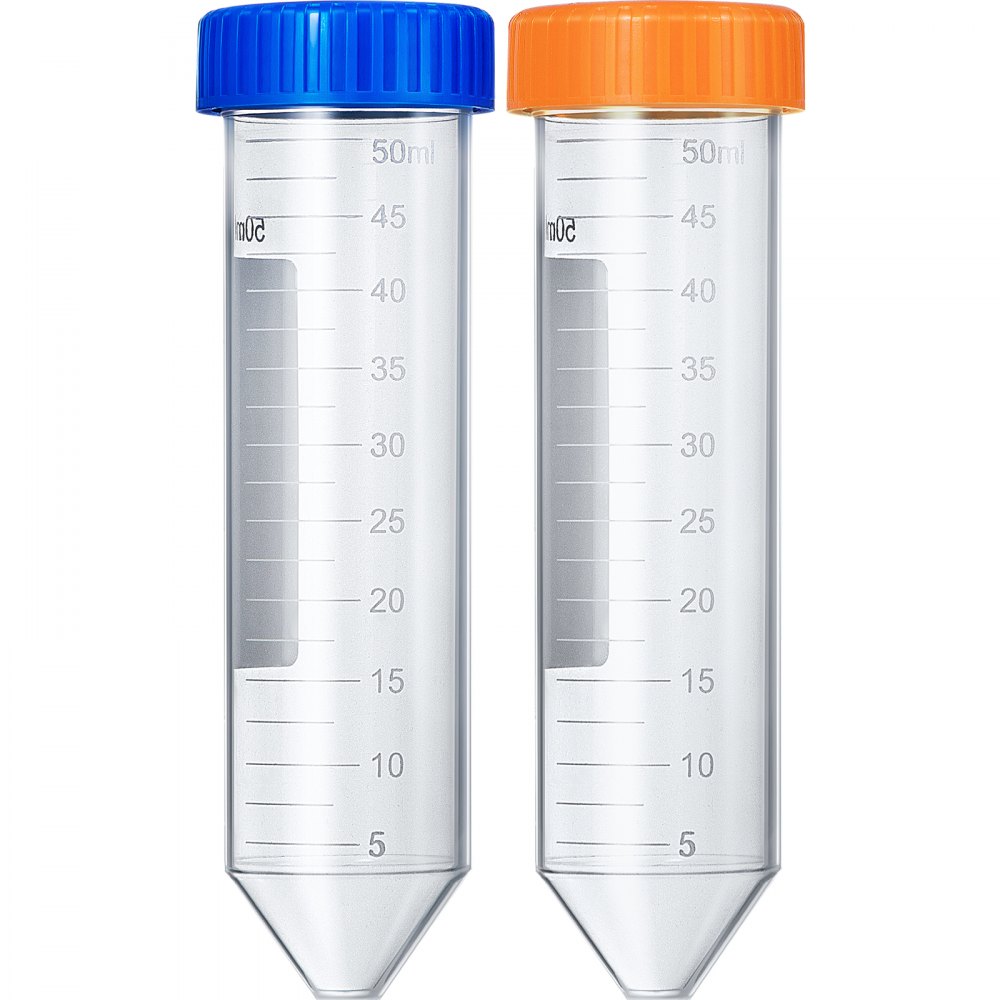 VEVOR Tubos de centrífuga cónicos de 50 ml, 500 tubos cónicos graduados esterilizados, tubos de centrífuga sin DN/RNasa con tapa de rosca para almacenamiento de muestras y separación, marca de escritura y estante incluidos, azul y naranja