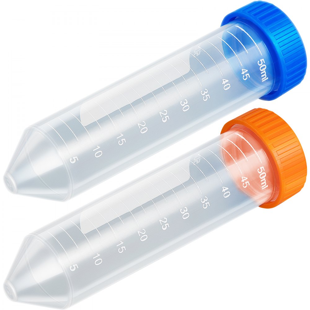 VEVOR Tubos de centrífuga cónicos de 50 ml, 500 tubos cónicos graduados esterilizados, tubos de centrífuga sin DN/RNasa con tapa de rosca para almacenamiento de muestras y separación, marca de escritura y estante incluidos, azul y naranja