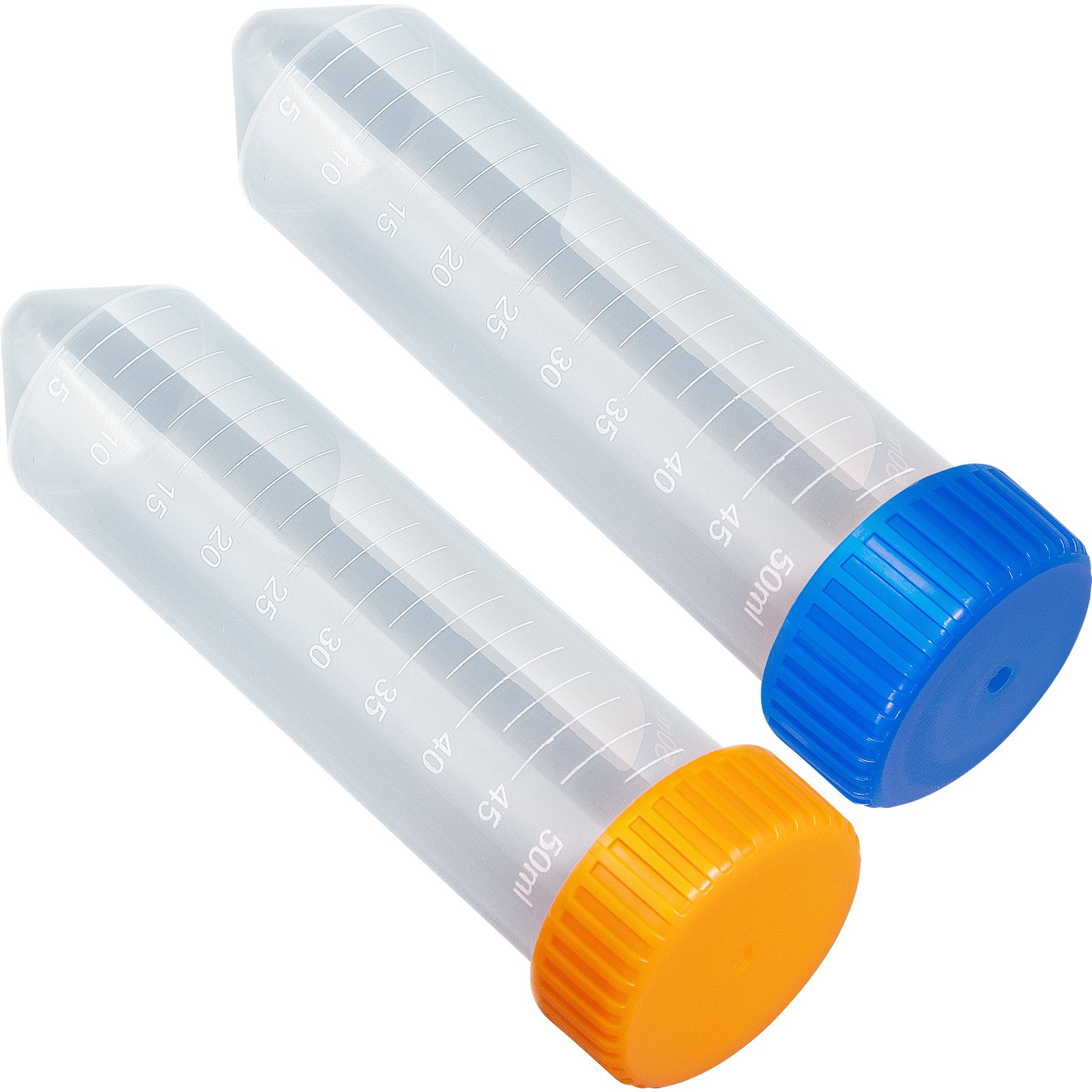 VEVOR Conical Centrifuge Tubes, 50mL, 500Pcs PP Graduated Container w/ Leak-proof Screw Cap, Write Mark & Test Tube Rack, DN/RNase Free, for Lab Sample Storage & Separate, Blue & Orange