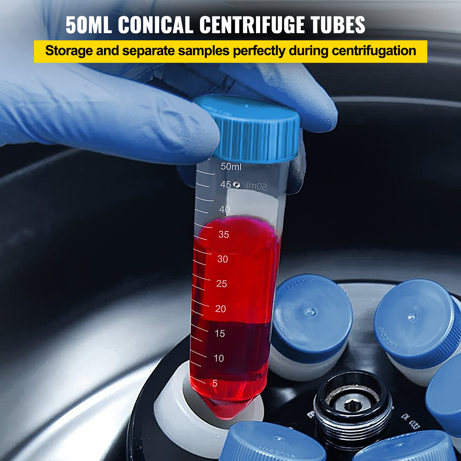 VEVOR Conical Centrifuge Tubes, 50mL, 500Pcs PP Graduated Container w/ Leak-proof Screw Cap, Write Mark & Test Tube Rack, DN/RNase Free, for Lab Sample Storage & Separate, Blue & Orange