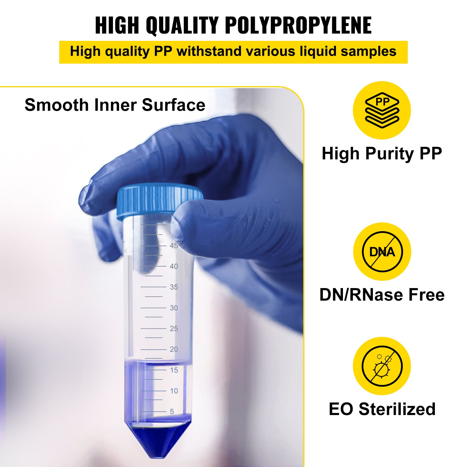 VEVOR Conical Centrifuge Tubes, 50mL, 500Pcs PP Graduated Container w/ Leak-proof Screw Cap, Write Mark & Test Tube Rack, DN/RNase Free, for Lab Sample Storage & Separate, Blue & Orange