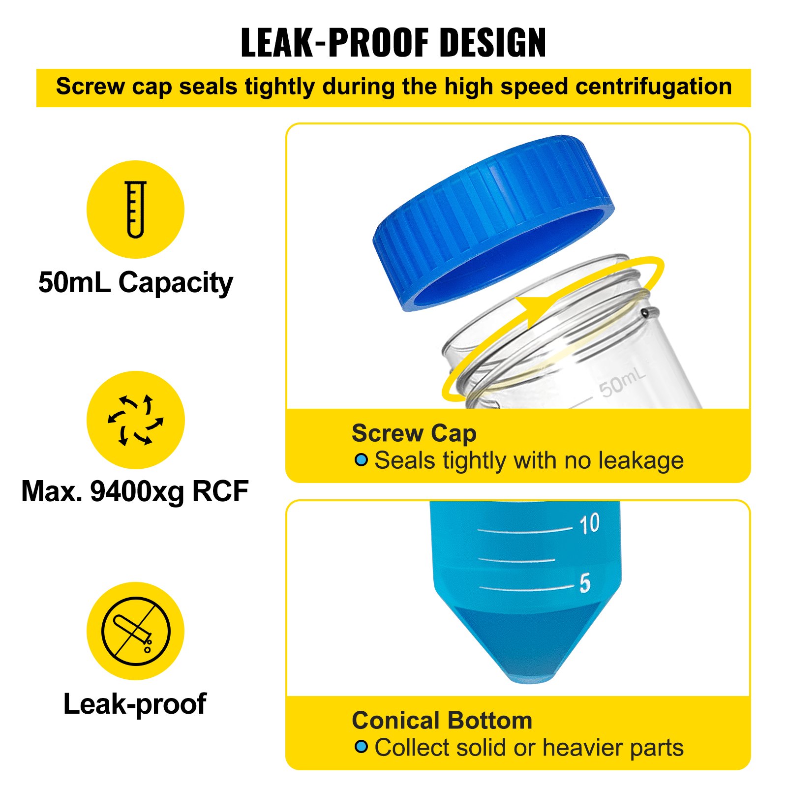 VEVOR Conical Centrifuge Tubes, 50mL, 500Pcs PP Graduated Container w/ Leak-proof Screw Cap, Write Mark & Test Tube Rack, DN/RNase Free, for Lab Sample Storage & Separate, Blue & Orange
