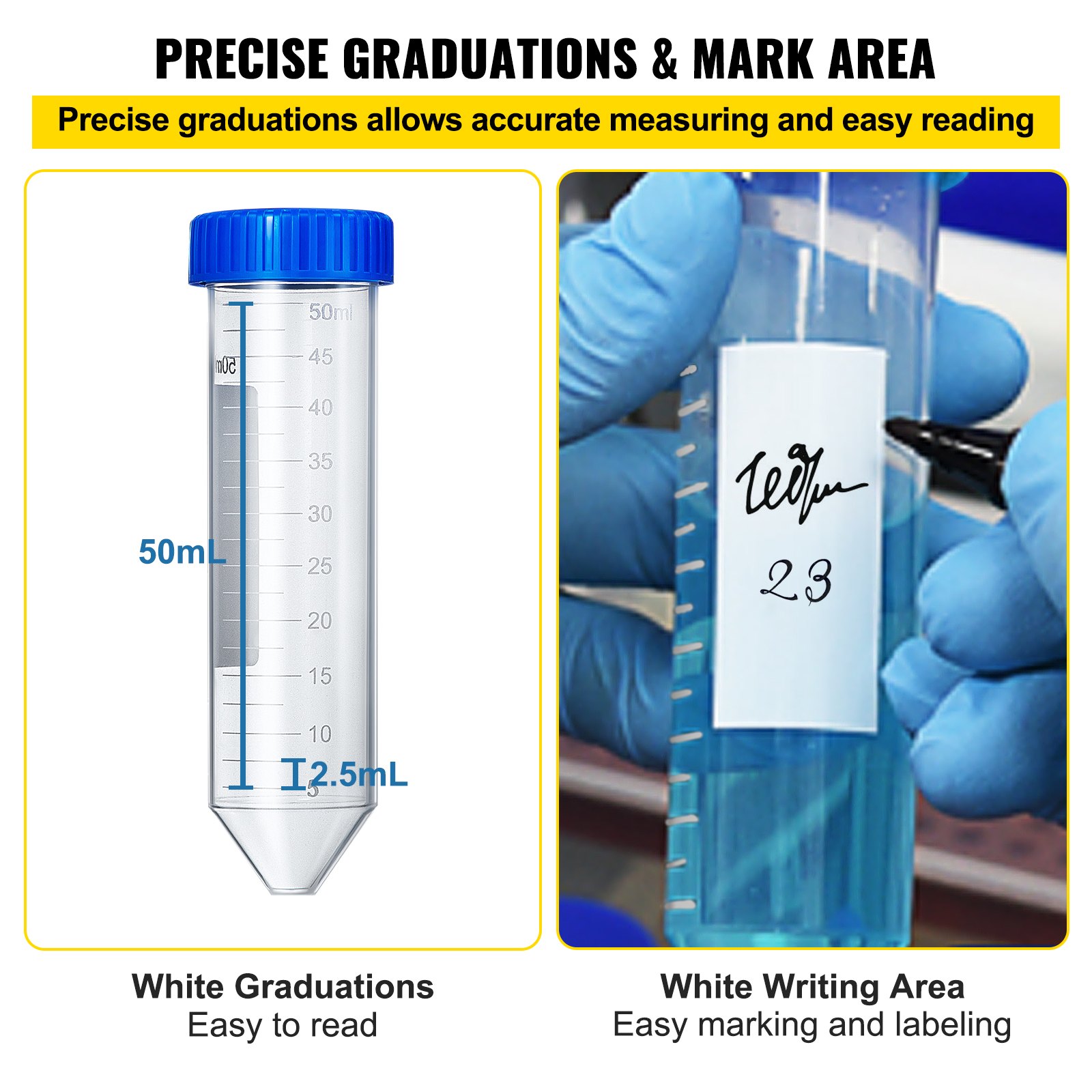VEVOR Conical Centrifuge Tubes, 50mL, 500Pcs PP Graduated Container w/ Leak-proof Screw Cap, Write Mark & Test Tube Rack, DN/RNase Free, for Lab Sample Storage & Separate, Blue & Orange
