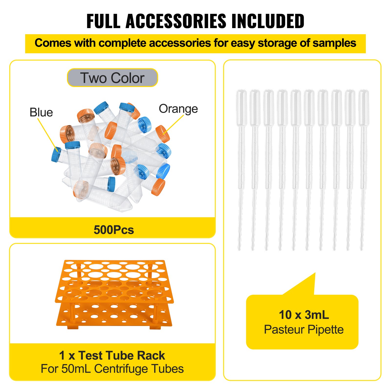 VEVOR Conical Centrifuge Tubes, 50mL, 500Pcs PP Graduated Container w/ Leak-proof Screw Cap, Write Mark & Test Tube Rack, DN/RNase Free, for Lab Sample Storage & Separate, Blue & Orange
