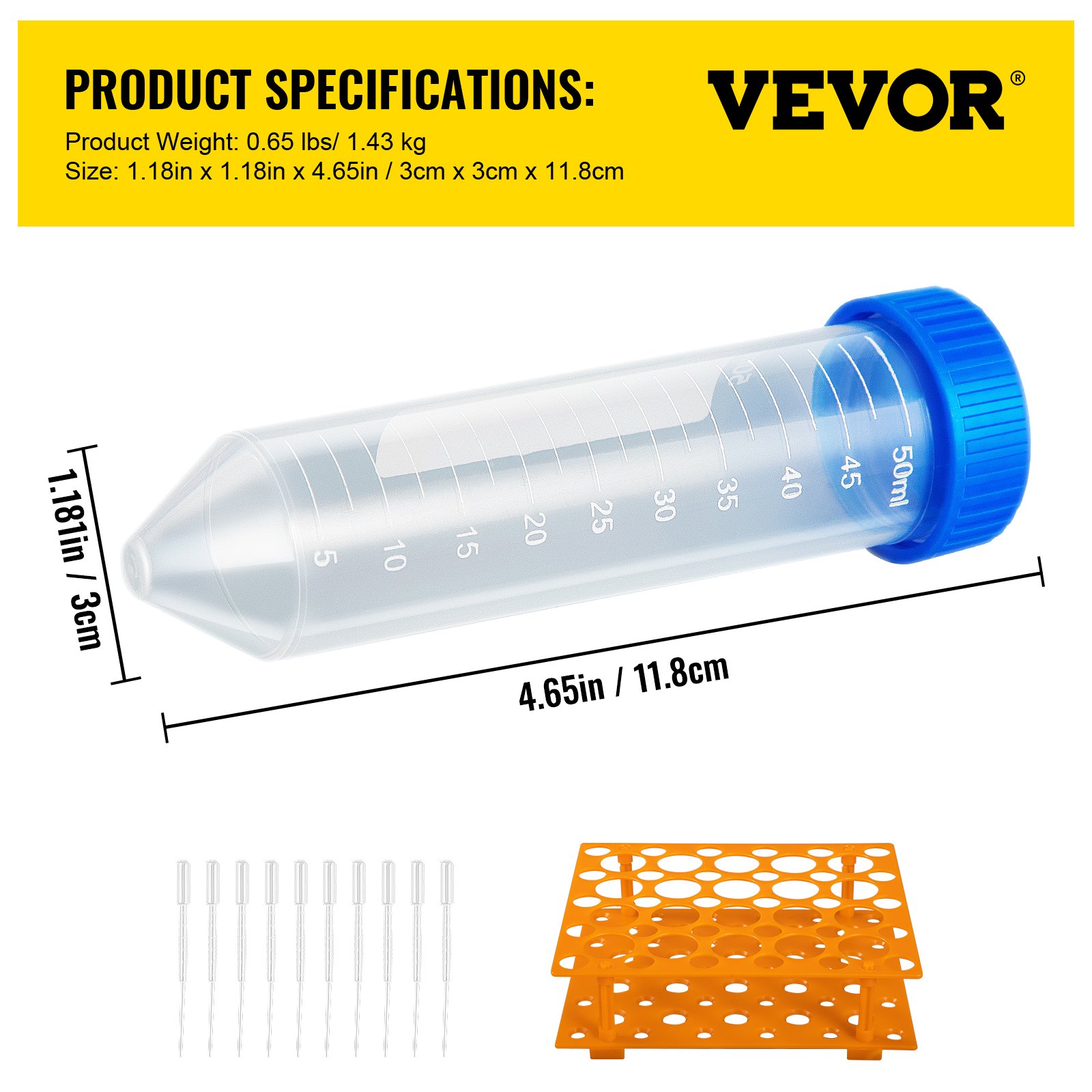 VEVOR Conical Centrifuge Tubes, 50mL, 500Pcs PP Graduated Container w/ Leak-proof Screw Cap, Write Mark & Test Tube Rack, DN/RNase Free, for Lab Sample Storage & Separate, Blue & Orange