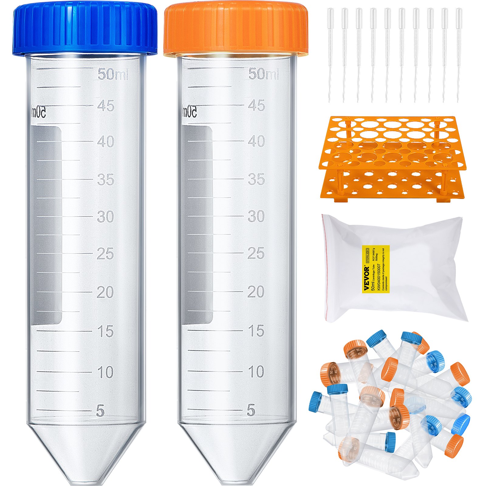 VEVOR Conical Centrifuge Tubes, 50mL, 500Pcs PP Graduated Container w/ Leak-proof Screw Cap, Write Mark & Test Tube Rack, DN/RNase Free, for Lab Sample Storage & Separate, Blue & Orange
