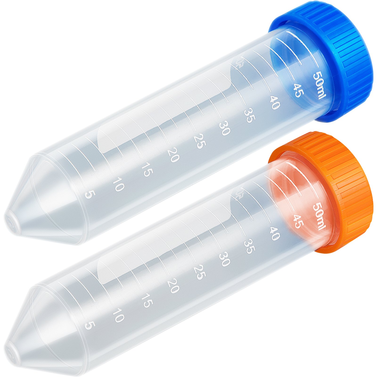 VEVOR Conical Centrifuge Tubes, 50mL, 500Pcs PP Graduated Container w/ Leak-proof Screw Cap, Write Mark & Test Tube Rack, DN/RNase Free, for Lab Sample Storage & Separate, Blue & Orange