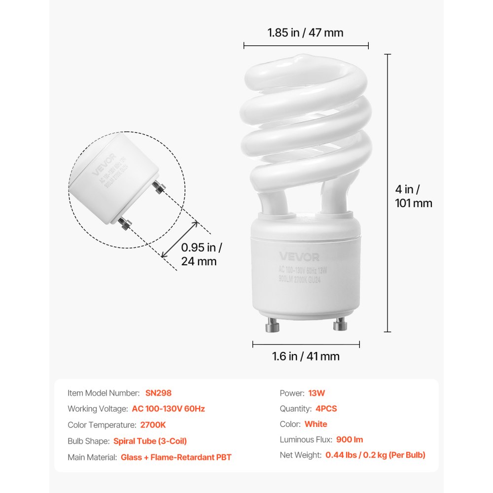 VEVOR 4-Pack CFL Light Bulbs, 13W Compact Fluorescent Spiral Bulbs with 2700K Warm Light, 900lm Luminous Flux, Twist and Lock GU24 Base, Ideal for Bedrooms, Study Rooms, Living Rooms, Commercial Use