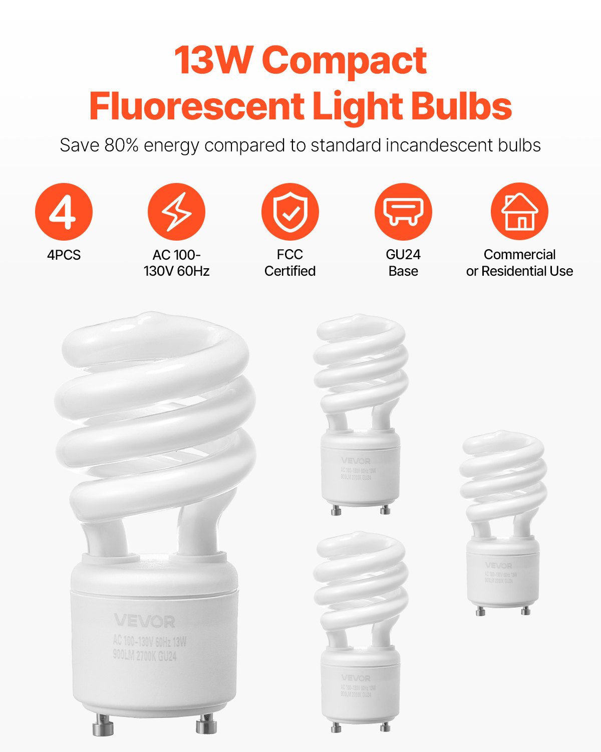 VEVOR 4-Pack CFL Light Bulbs, 13W Compact Fluorescent Spiral Bulbs with 2700K Warm Light, 900lm Luminous Flux, Twist and Lock GU24 Base, Ideal for Bedrooms, Study Rooms, Living Rooms, Commercial Use