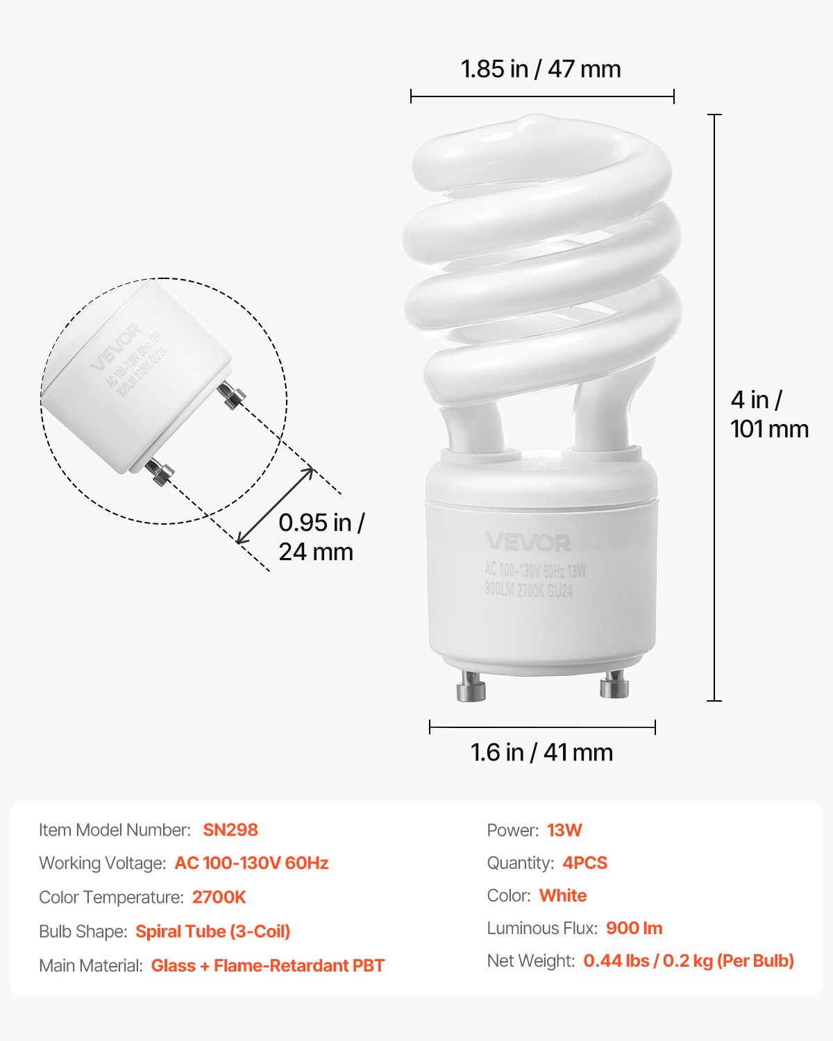 VEVOR 4-Pack CFL Light Bulbs, 13W Compact Fluorescent Spiral Bulbs with 2700K Warm Light, 900lm Luminous Flux, Twist and Lock GU24 Base, Ideal for Bedrooms, Study Rooms, Living Rooms, Commercial Use