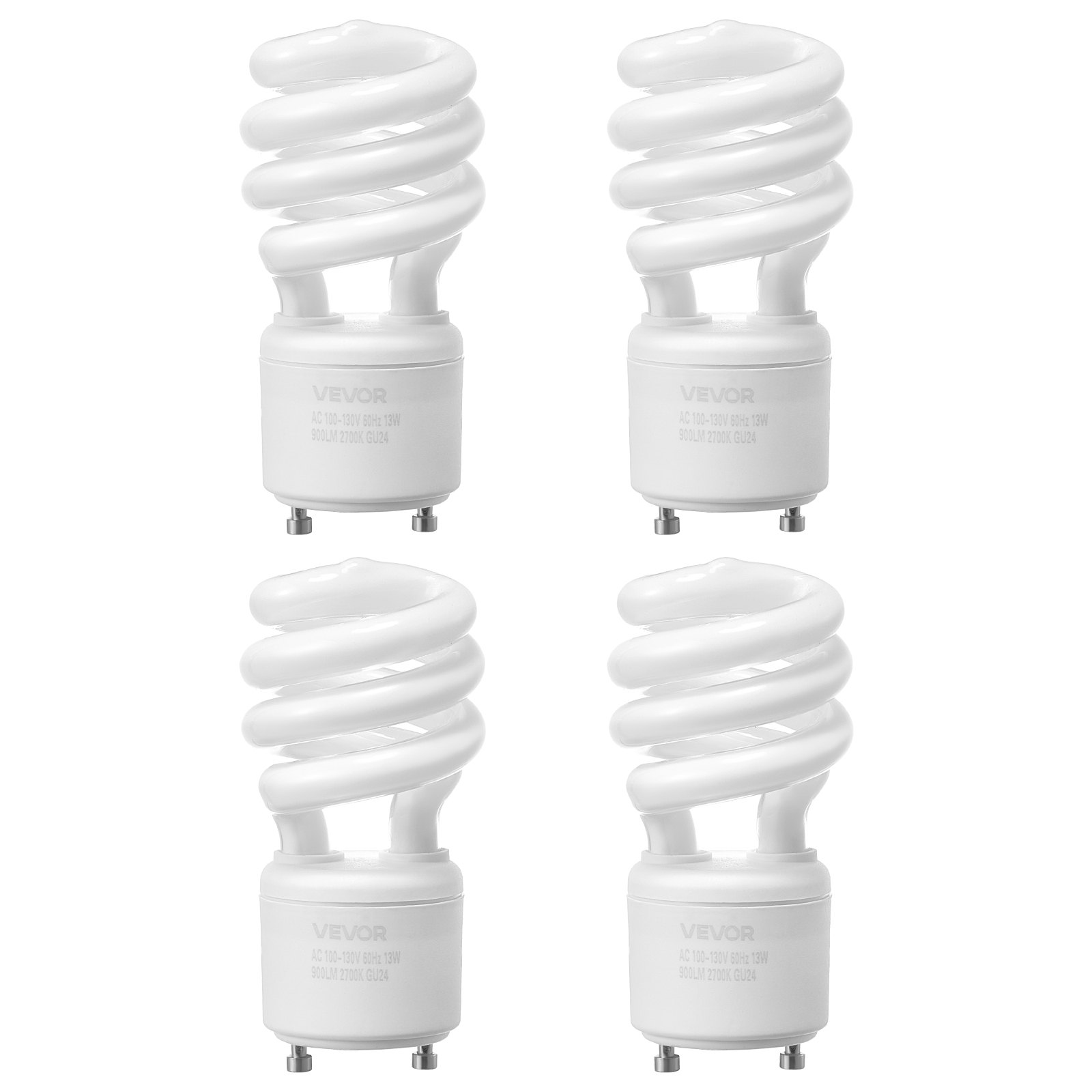 VEVOR 4-Pack CFL Light Bulbs, 13W Compact Fluorescent Spiral Bulbs with 2700K Warm Light, 900lm Luminous Flux, Twist and Lock GU24 Base, Ideal for Bedrooms, Study Rooms, Living Rooms, Commercial Use