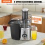 VEVOR juicer machine with 2-speed control and 1000w power extracts fresh juice, placed on a kitchen counter.