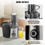 VEVOR juicer machine with safety locking arm, momentary pulse button, and jug filled with orange juice.