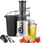 VEVOR juicer machine with fruit juice and assorted fresh fruits.