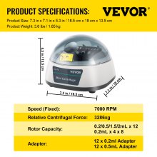 VEVOR Centrifuge Machine, 7000RPM Lab Centrifuge Machine Max. 3286xg RCF Scientific Mini Centrifuge with 2 in 1 Rotor for Lab Hospital College, fits 0.2/0.5/1.5/2mL Tubes, 0.2/0.5mL Adapters Included