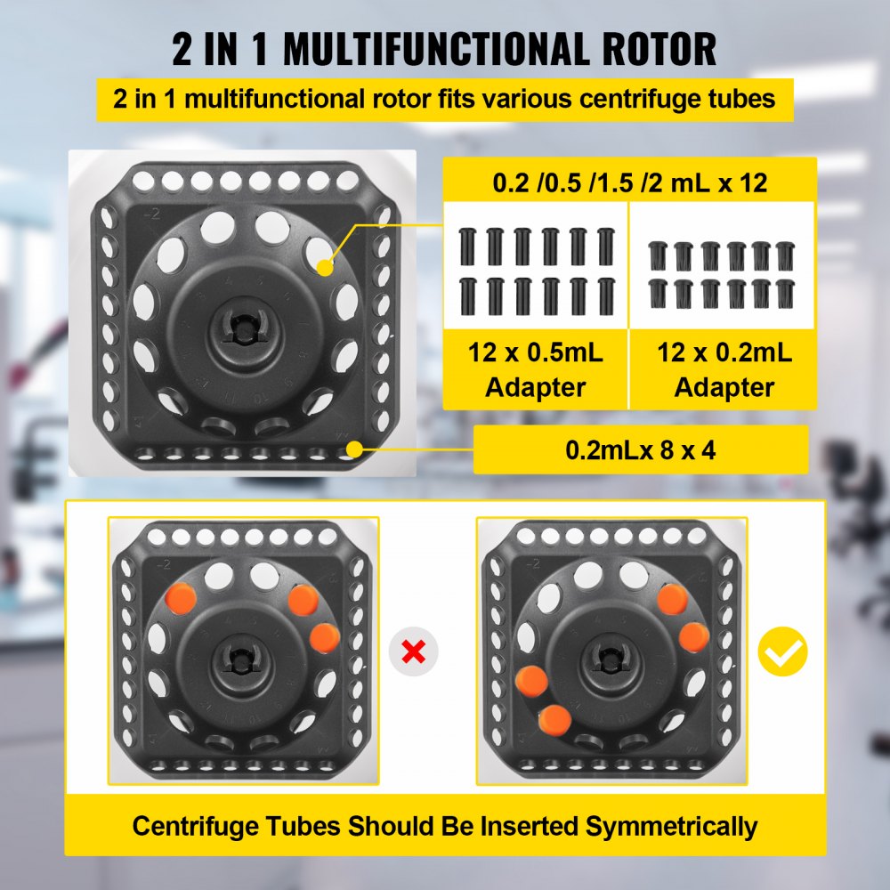 VEVOR Centrifuge, 7000RPM Fixed Speed Lab Centrifuge Machine, Max. 3286xg RCF Scientific Mini Centrifuge, with 2 in 1 Rotor, fits 0.2/0.5/1.5/2mL Tubes with 0.2/0.5mL Adapters, for Liquid Samples