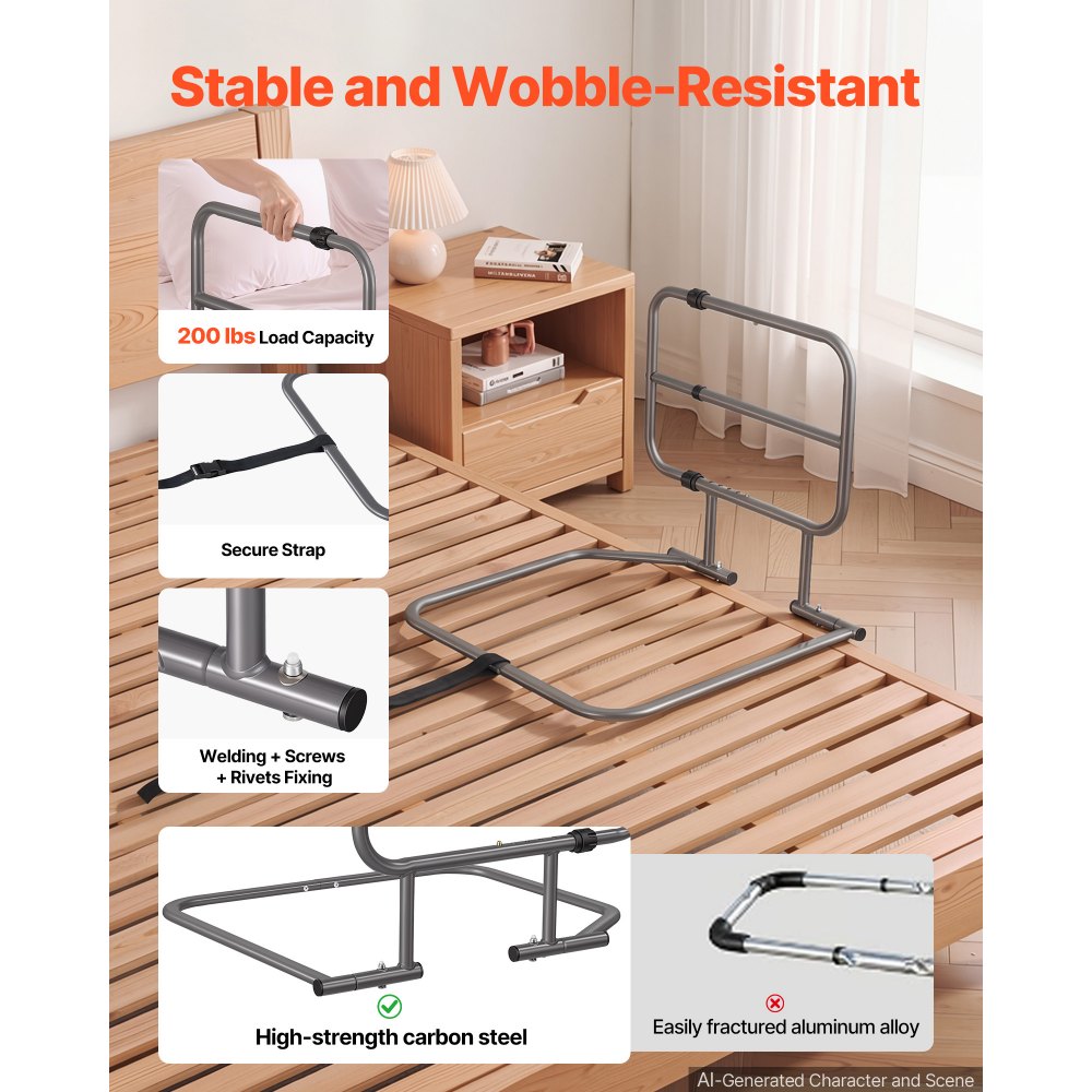 VEVOR Bed Rails for Elderly Adults 90.7kg Capacity Bed Side Assist Rail, High-Strength Steel, L-Shaped Bedside Cane for Seniors, Adjustable Handle Length, Fits King Queen Full Twin Beds