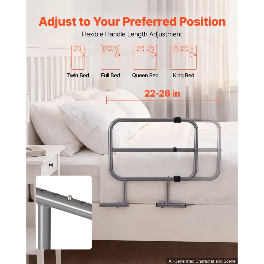 VEVOR Bed Rails for Elderly Adults 90.7kg Capacity Bed Side Assist Rail, High-Strength Steel, L-Shaped Bedside Cane for Seniors, Adjustable Handle Length, Fits King Queen Full Twin Beds