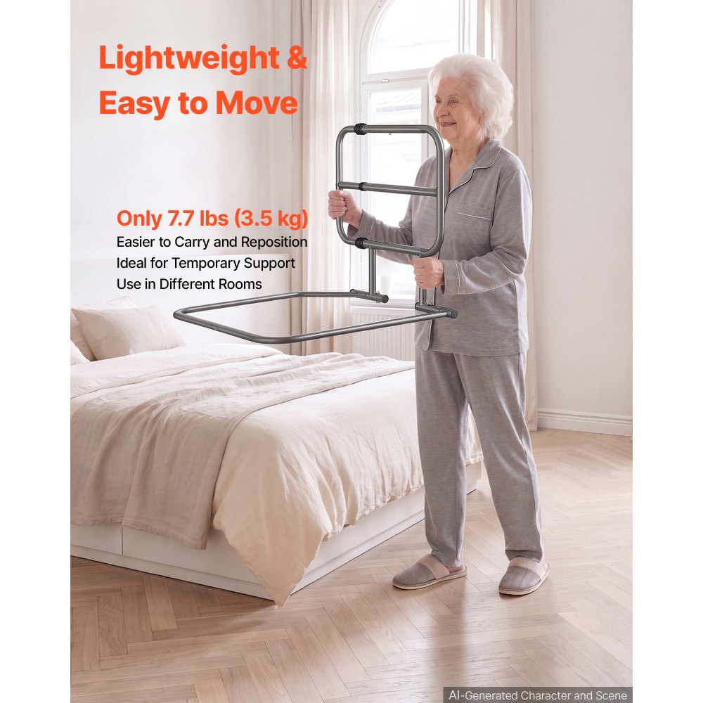 VEVOR Bed Rails for Elderly Adults 90.7kg Capacity Bed Side Assist Rail, High-Strength Steel, L-Shaped Bedside Cane for Seniors, Adjustable Handle Length, Fits King Queen Full Twin Beds