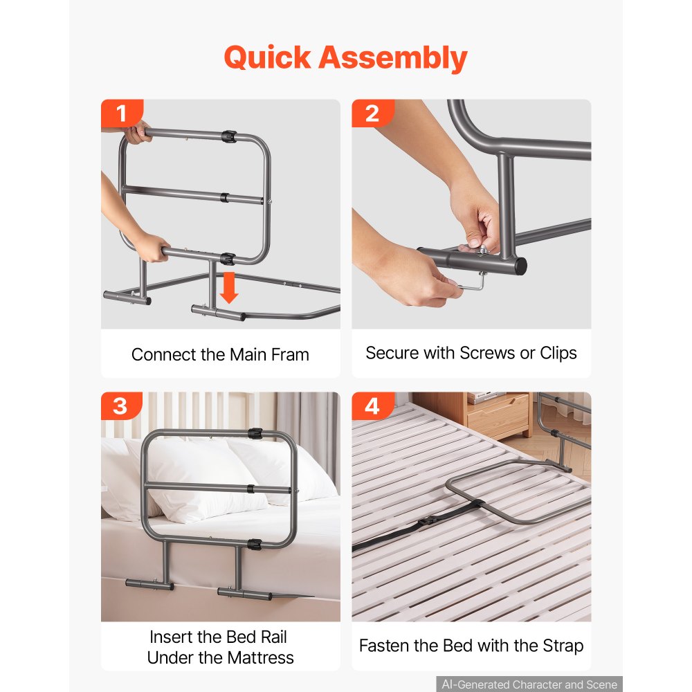 VEVOR Bed Rails for Elderly Adults 90.7kg Capacity Bed Side Assist Rail, High-Strength Steel, L-Shaped Bedside Cane for Seniors, Adjustable Handle Length, Fits King Queen Full Twin Beds